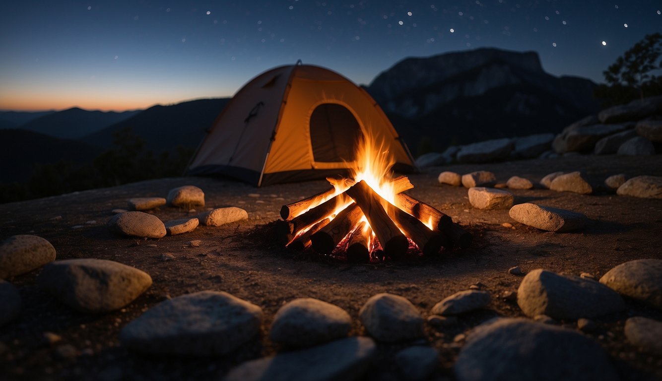 A campfire burns brightly beside a tent nestled in the shadow of Stone Mountain. A clear night sky twinkles above, and the silhouette of the mountain looms in the background