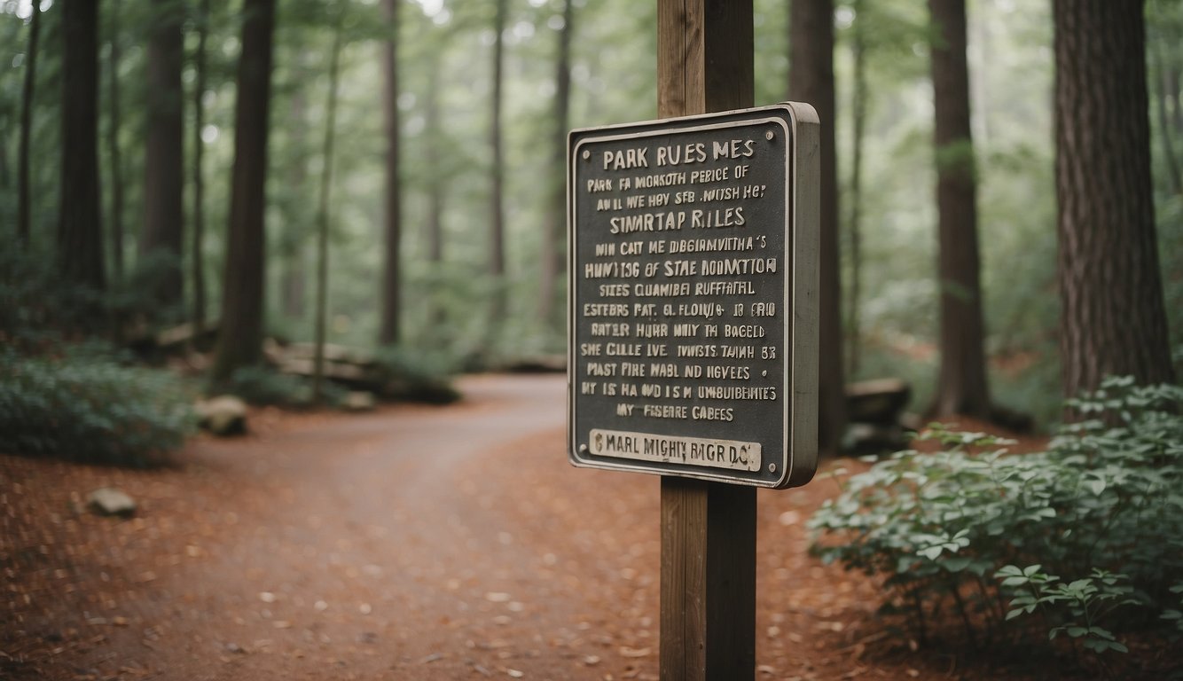 The stone mountain state park camping area is surrounded by signs displaying park rules and conservation guidelines. The natural beauty of the park is highlighted by the presence of these informative stones
