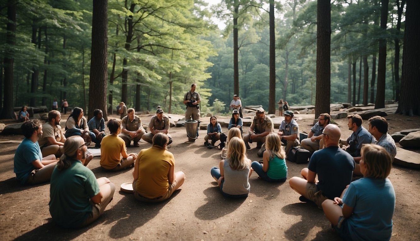 Visitors gather around a park ranger for a Q&A session, surrounded by tall trees and a campfire at Stone Mountain State Park