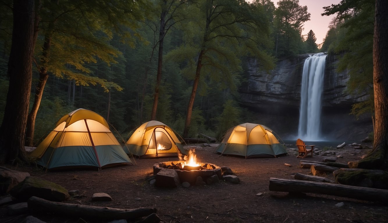 Tents pitched by roaring waterfall, campfires crackling under starry sky, hikers exploring wooded trails in High Falls County Park
