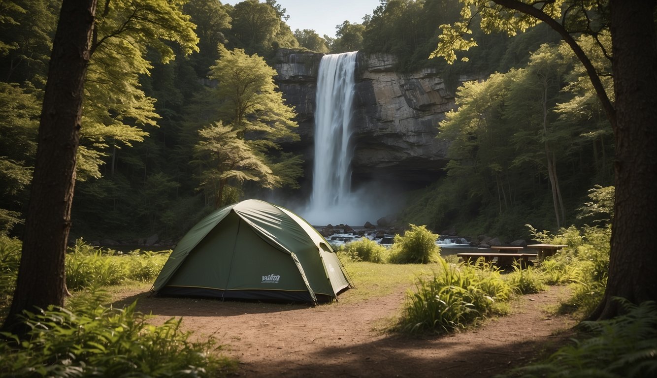 A tent pitched in a lush green clearing, with a roaring waterfall in the background. A sign nearby reads "Visitor Information - High Falls County Park Camping."