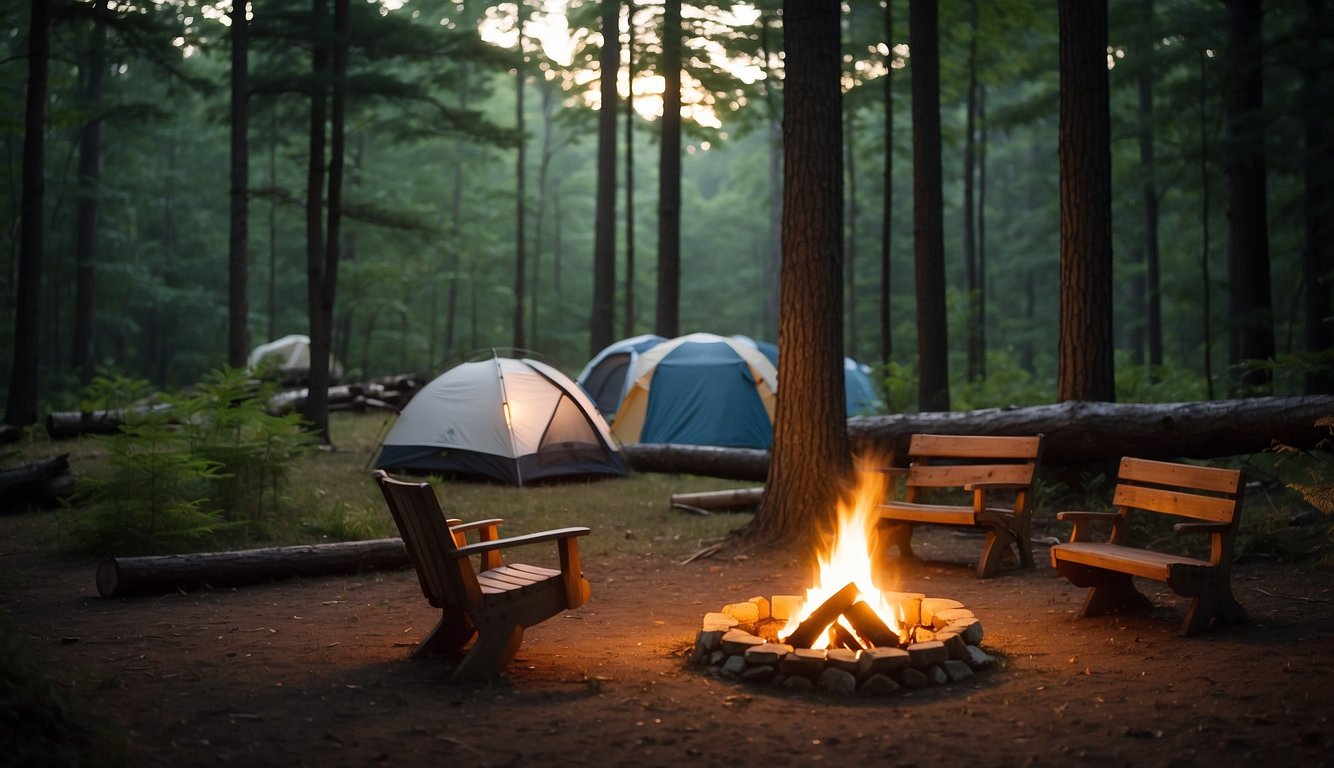 A serene forest clearing with a campfire, tents, and a signpost with "Frequently Asked Questions" at High Falls County Park