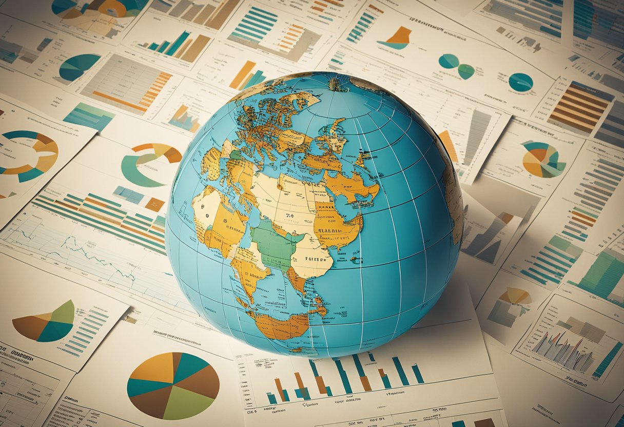 A globe surrounded by financial charts and graphs, with arrows pointing in different directions to represent international investment risks and strategies to mitigate them