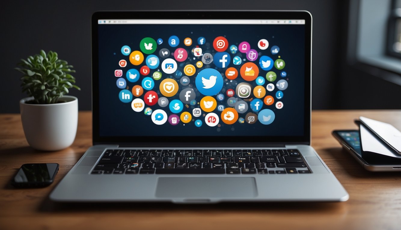 A laptop displaying various social media and website logos, with a smartphone showing digital marketing statistics and a tablet with an email marketing campaign open