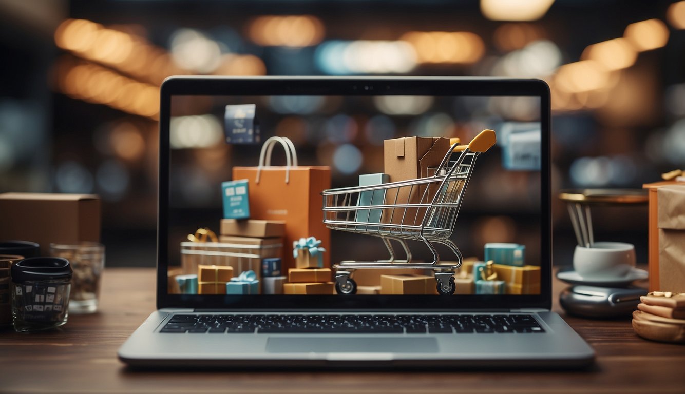 A laptop with a shopping cart icon on the screen, surrounded by various products and a dollar sign, representing e-commerce and online sales