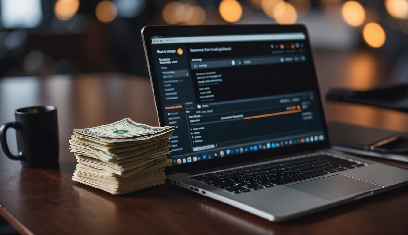 A laptop and a smartphone on a desk with a stack of money and a freelance contract