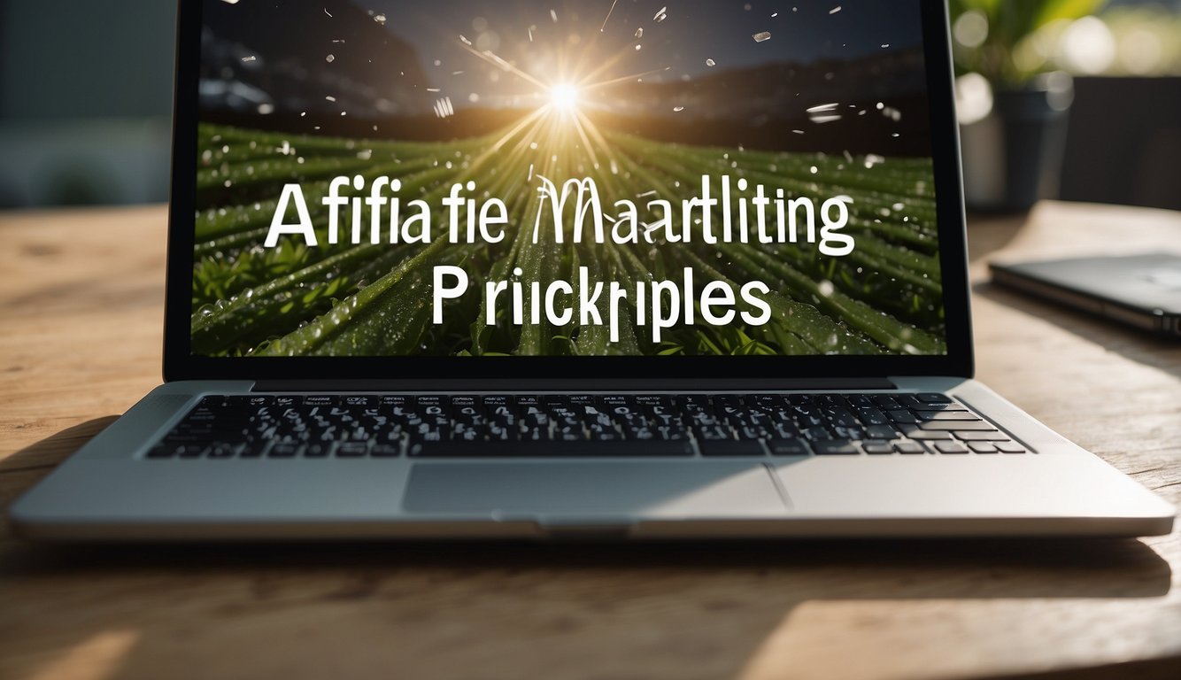 A laptop displaying affiliate marketing principles with money signs and arrows pointing to a dollar symbol
