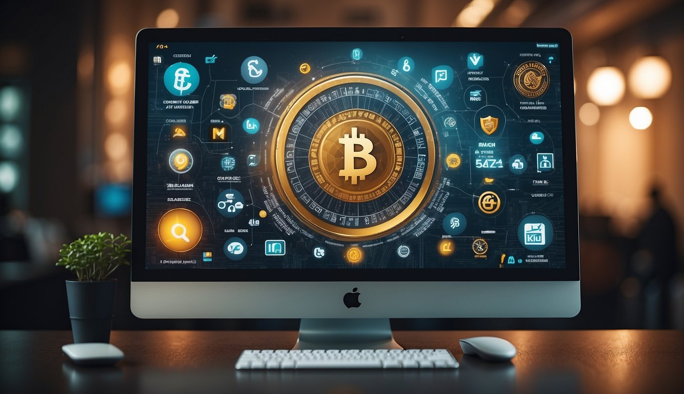A computer screen displaying various digital marketing strategies and money symbols