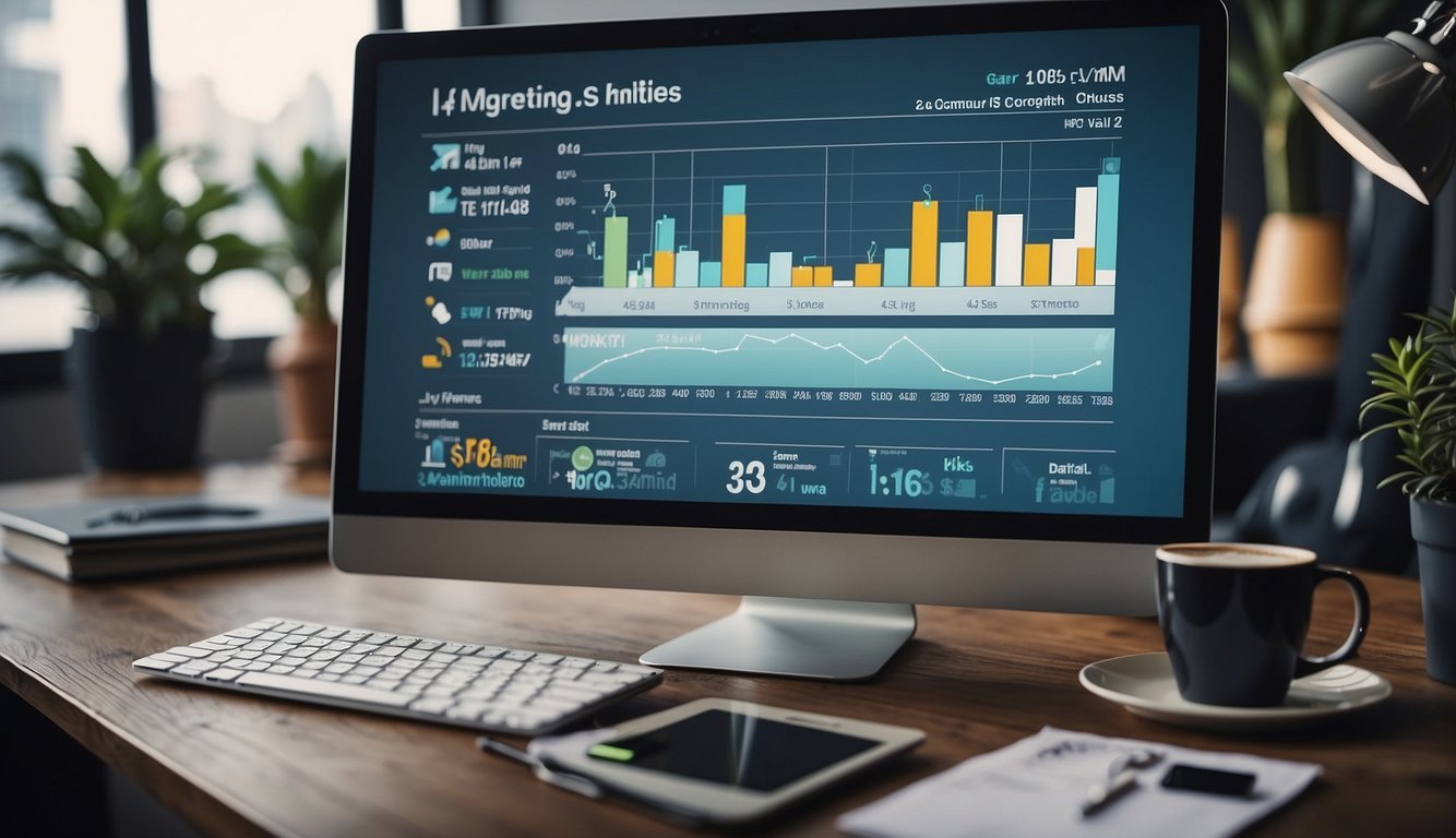 A computer screen displaying a graph of increasing online sales, surrounded by various digital marketing tools and strategies