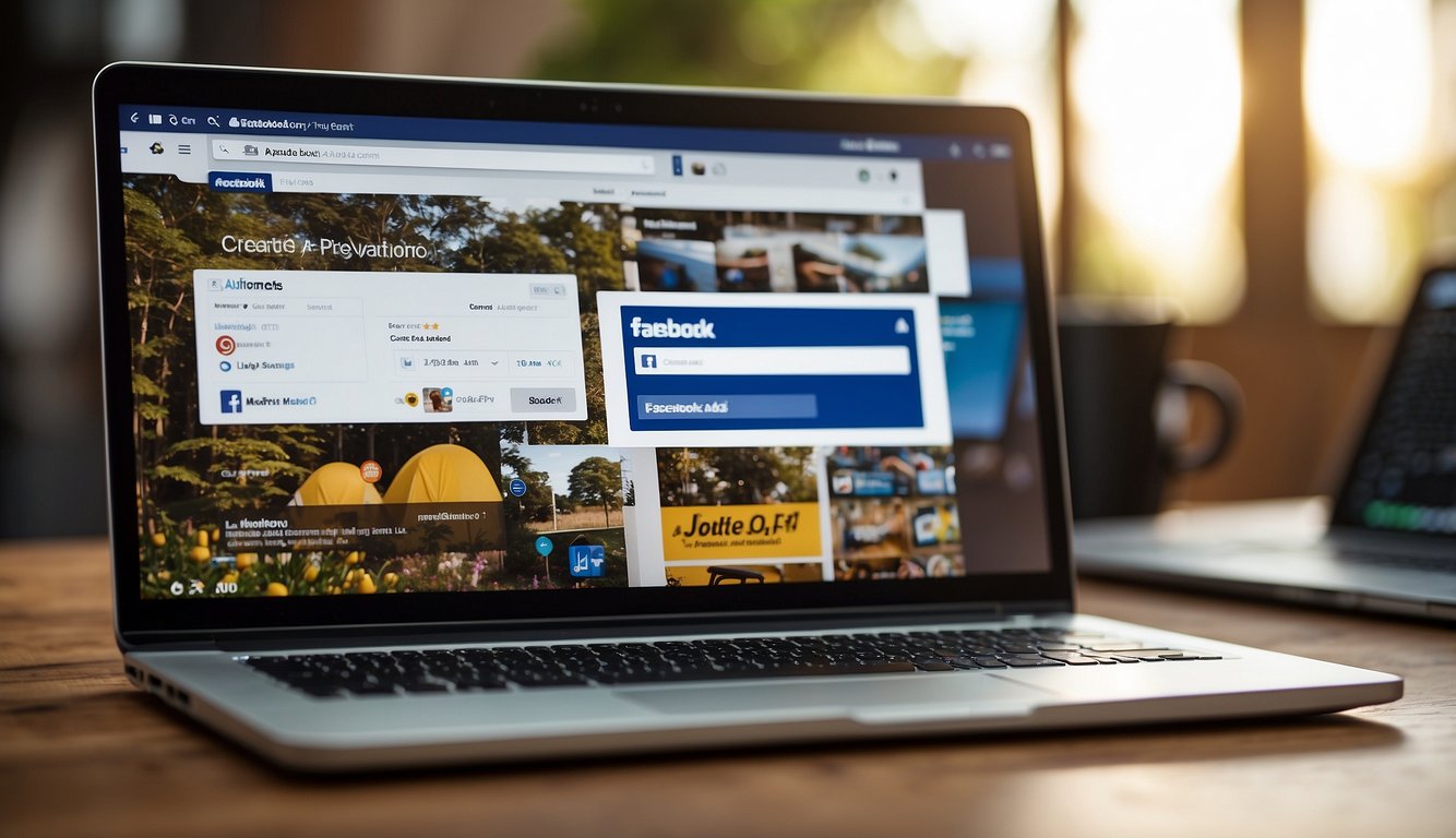 A laptop displaying the Facebook Ads dashboard with a "Create Ad" button highlighted. A stack of affiliate product boxes nearby