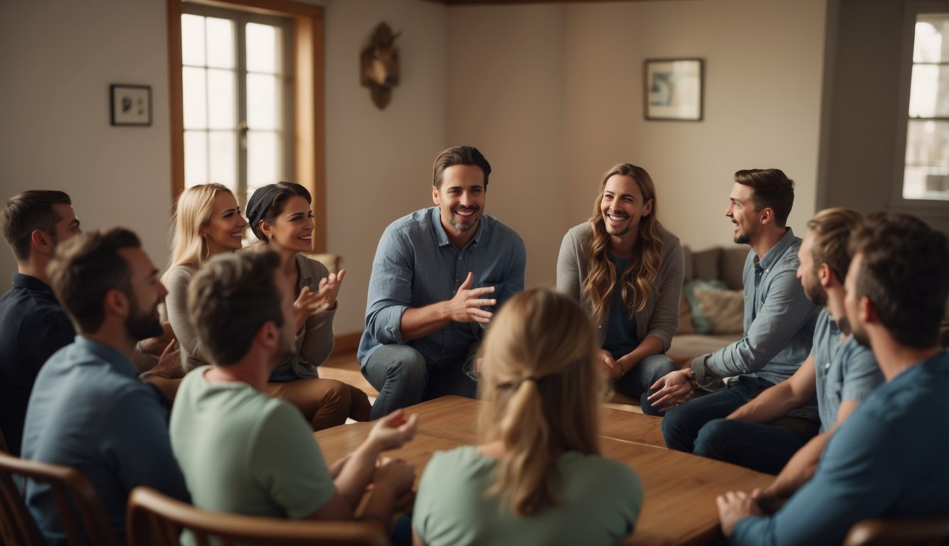 A person telling a captivating story to a group of engaged listeners, with expressive gestures and animated facial expressions