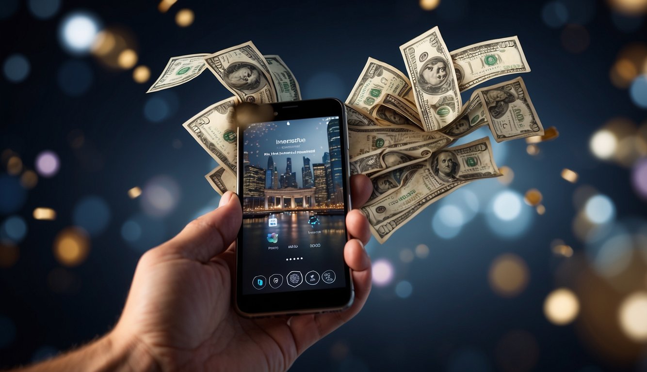 A hand holding a smartphone with money flying out of the screen, surrounded by various alternative income sources