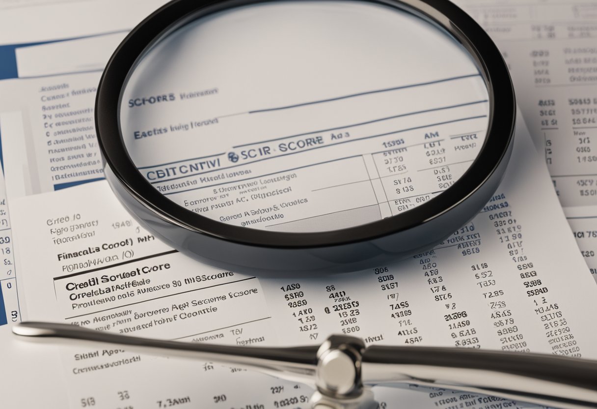 A person studying a credit score report with a magnifying glass, surrounded by financial documents and a chart showing an increasing credit score