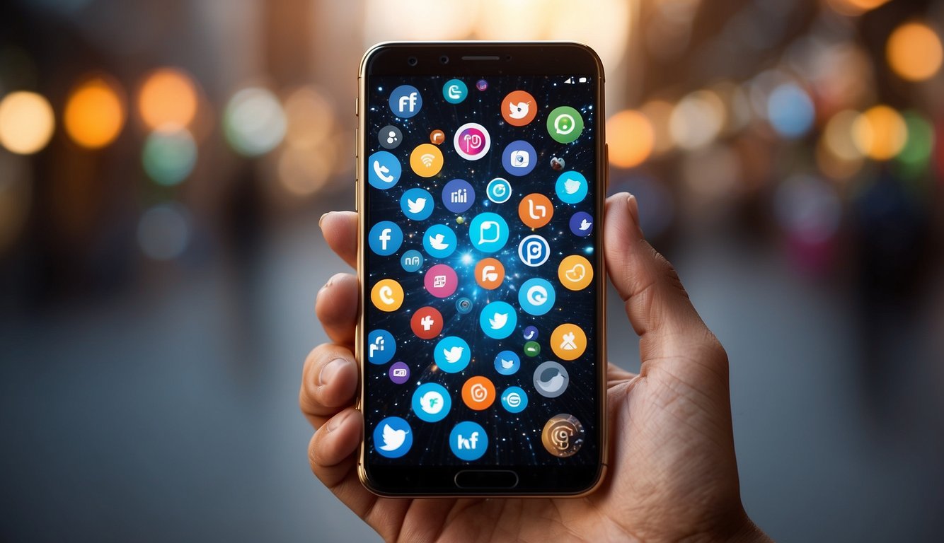 A hand holding a smartphone with various social media icons and a network expanding in the background