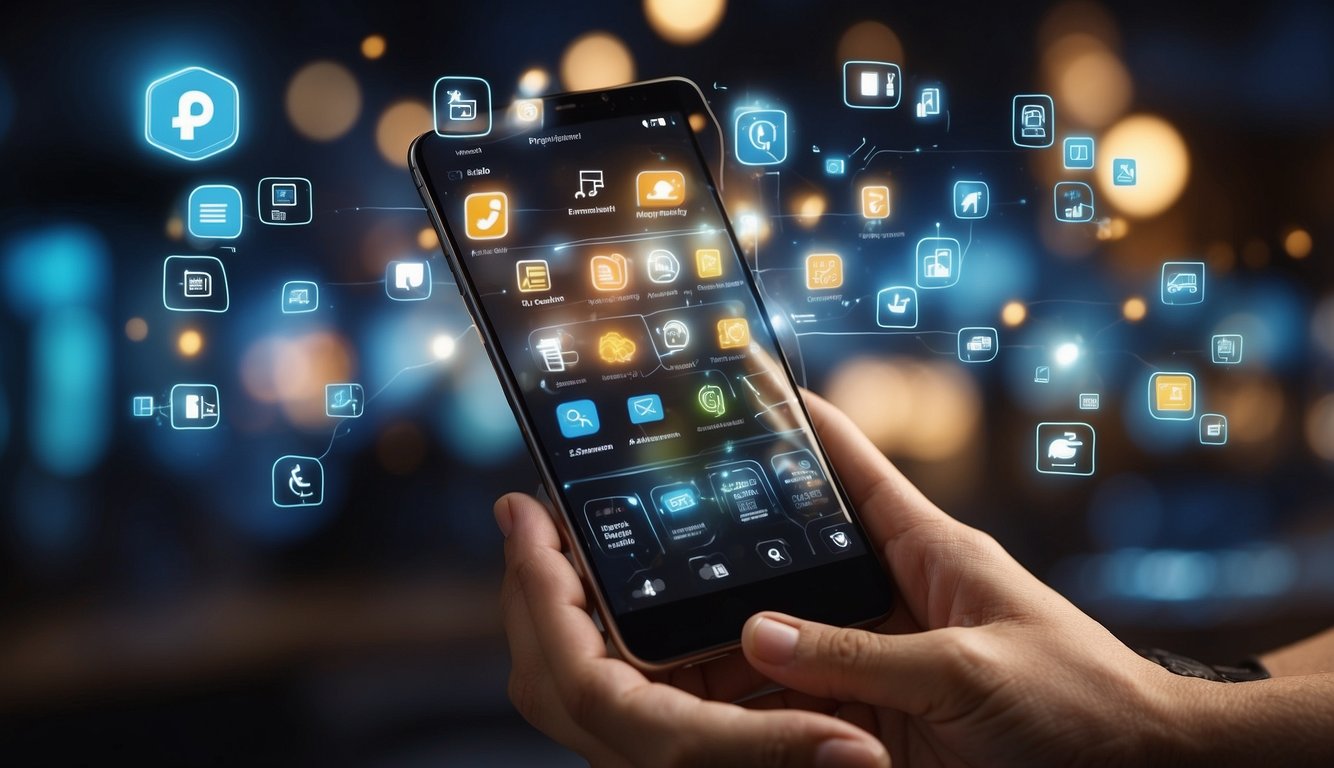 A person using a smartphone to manage online sales and services, with various icons and options displayed on the screen