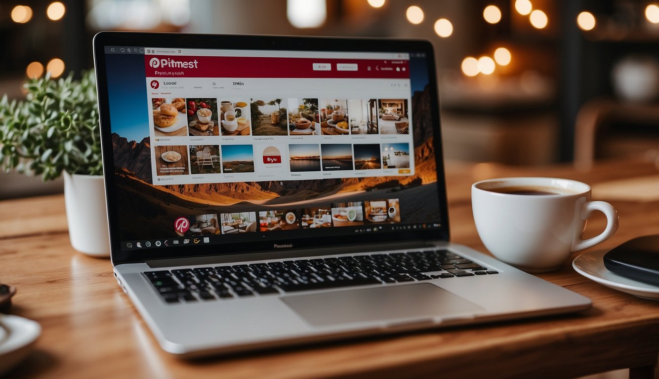 A laptop displaying a Pinterest account with affiliate products, a "Shop" tab highlighted, and a "Buy Now" button being clicked