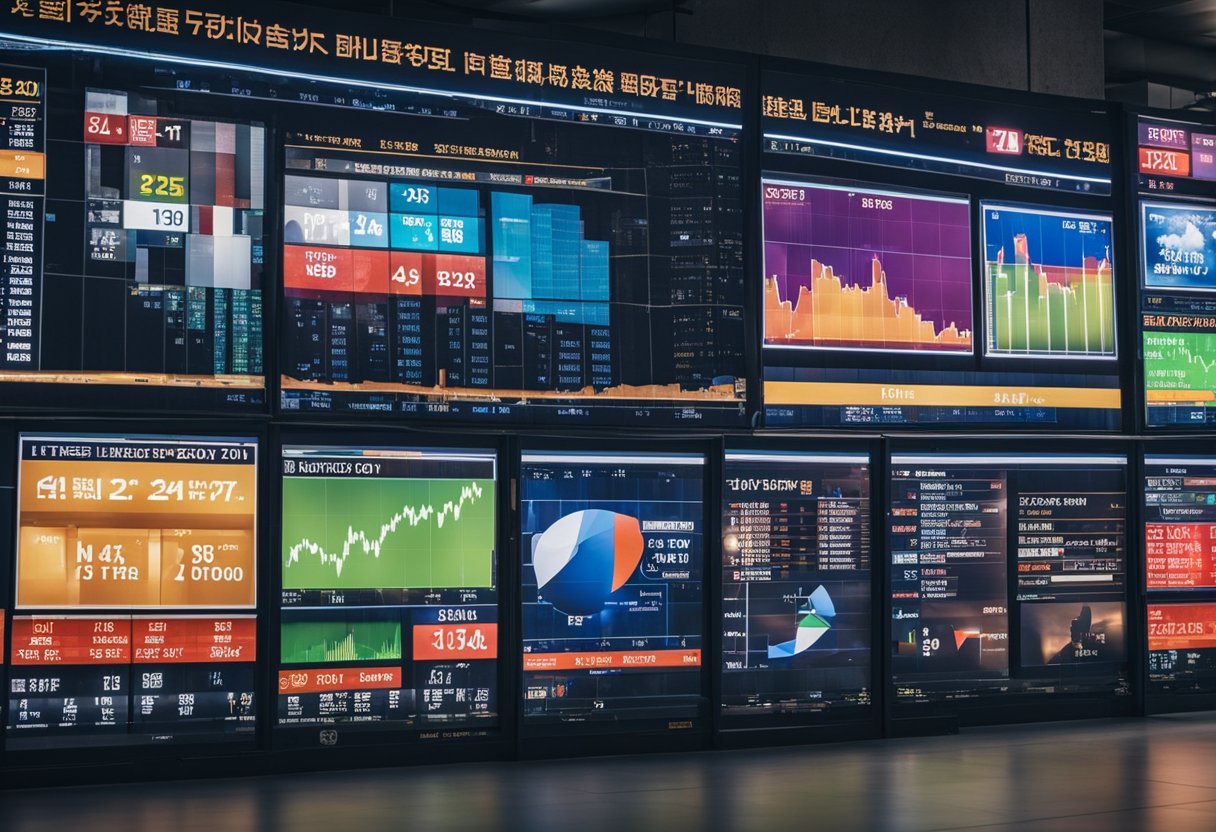 Political election posters plastered on city walls, while stock market charts fluctuate on screens in a bustling trading floor