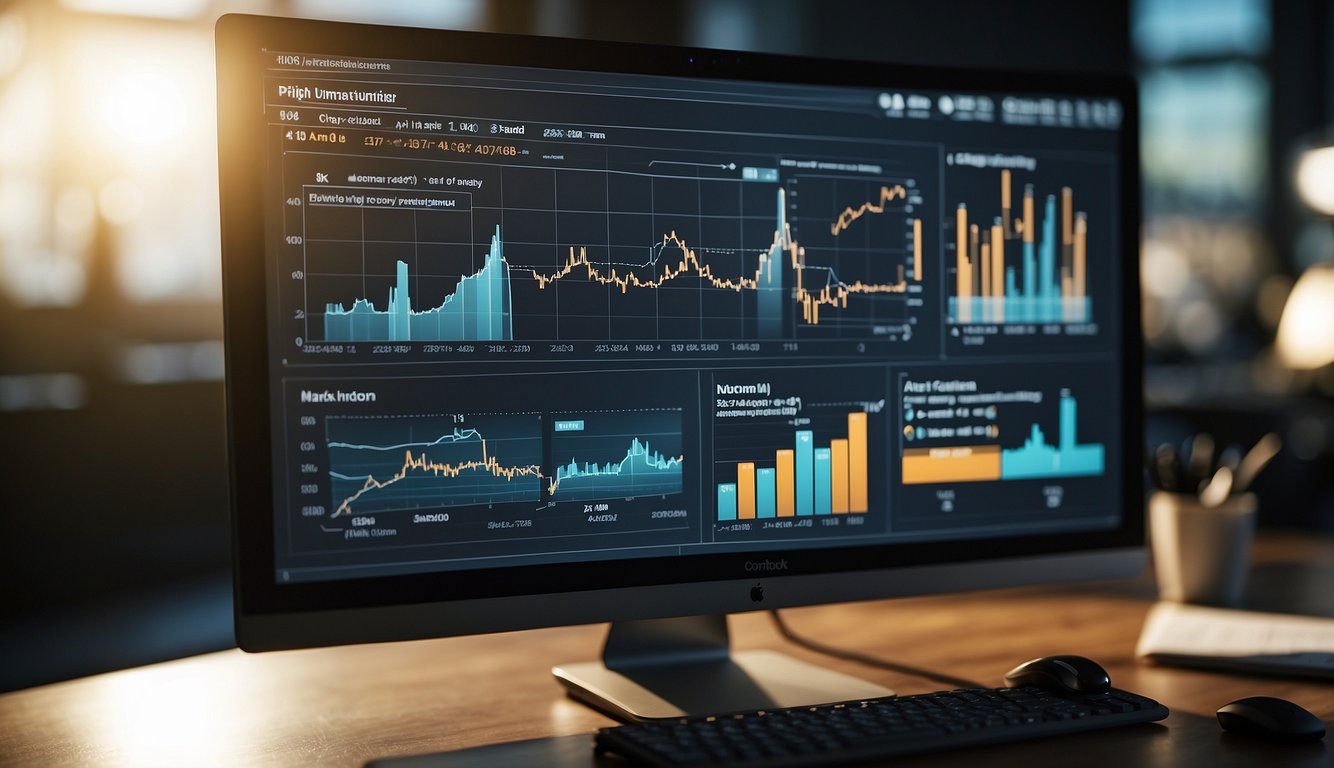 A computer screen displays a marketing copy being analyzed and improved, with charts and graphs showing progress