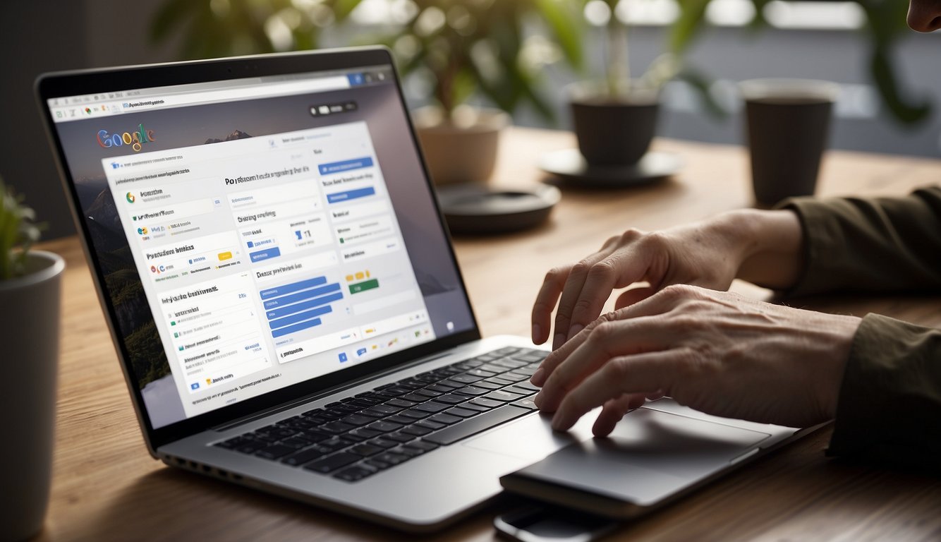 A person using a laptop to set up Google Ads, with affiliate products and sales data visible on the screen