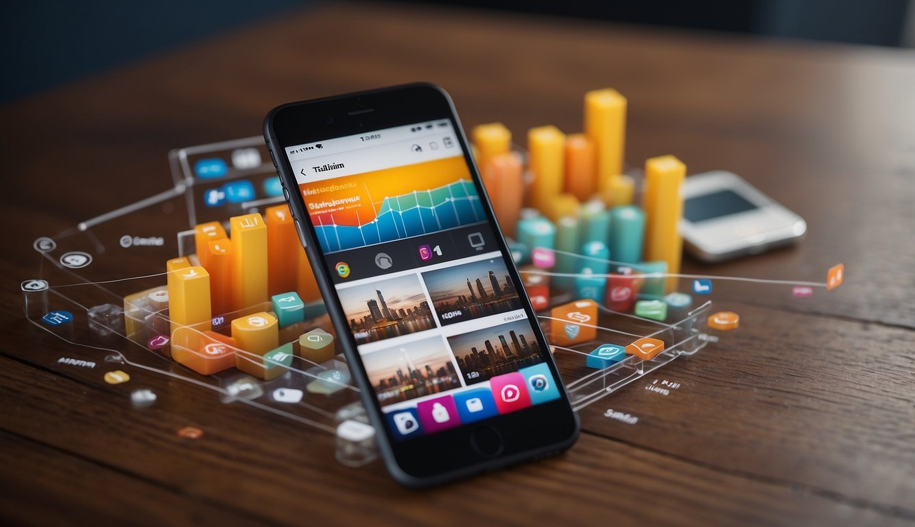 A smartphone displaying Instagram with a growth chart graph, surrounded by virtual engagement indicators like likes, comments, and shares