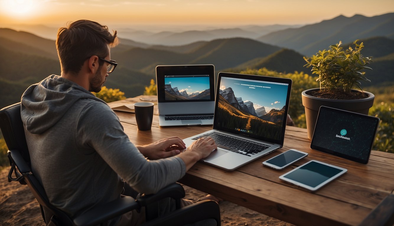 A person sits at a desk surrounded by digital devices, typing on a laptop with a digital nomad guidebook open in front of them