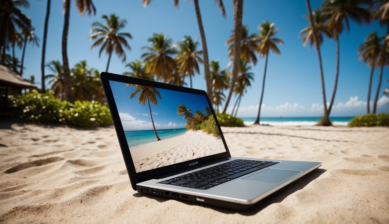 A laptop on a beach, surrounded by palm trees and a clear blue sky. A digital nomad's lifestyle, with both advantages and challenges