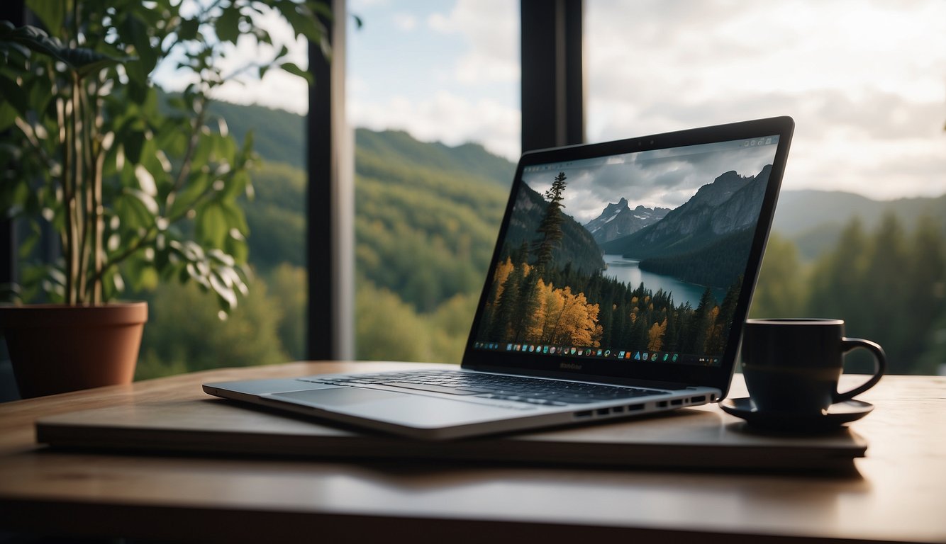 A laptop, notebook, and camera sit on a table in a cozy, minimalist workspace with a view of nature outside the window