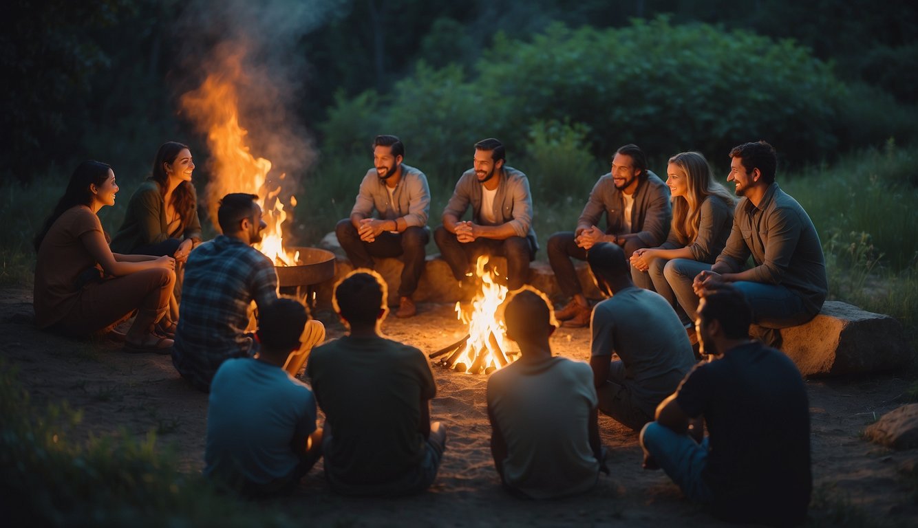 A diverse group of digital nomads gather around a virtual campfire, sharing stories and experiences from their unique cultures and lifestyles