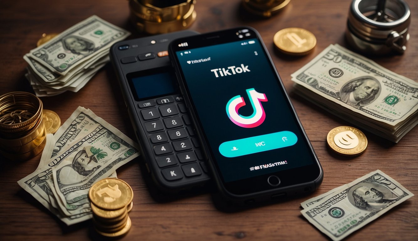 A smartphone with the TikTok app open, surrounded by icons of money, a dollar sign, and a calculator