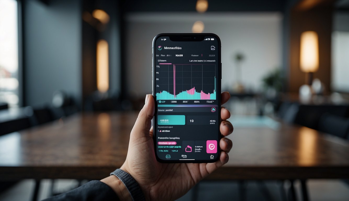 A smartphone displaying a TikTok livestream with a revenue chart and monetization options