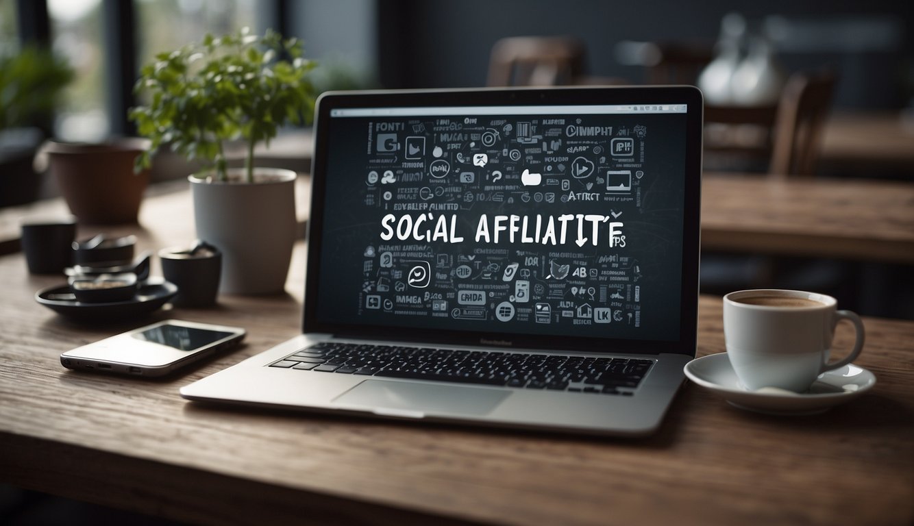A table with a laptop, notebook, and pen. Social media icons on a smartphone. "Affiliate tips" written on a chalkboard