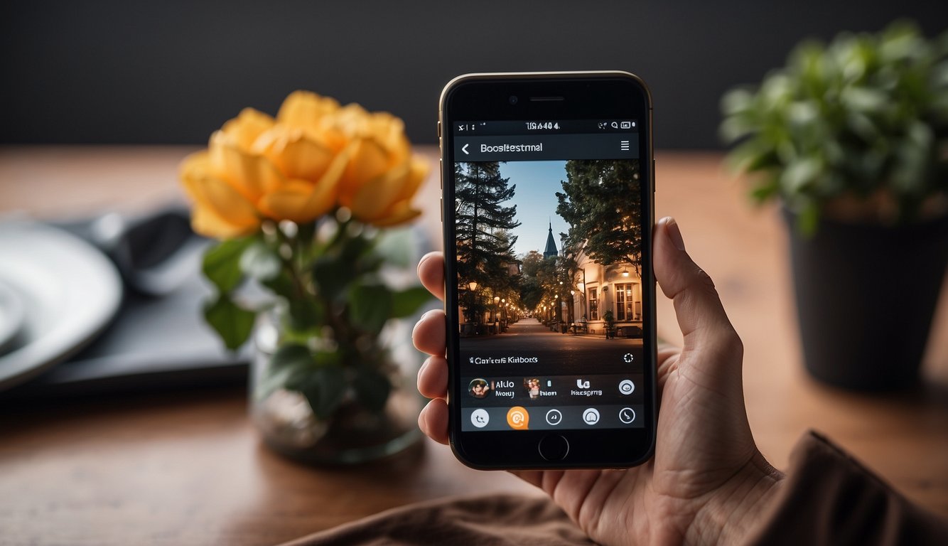 A smartphone with the Instagram app open, showing a series of engaging and visually appealing stories. A graph in the background shows an upward trend in views