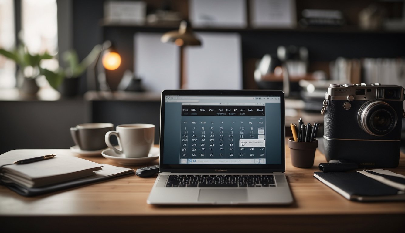 A desk with a laptop open to an Instagram profile, surrounded by notebooks and pens. A calendar hangs on the wall, marked with daily posting schedules