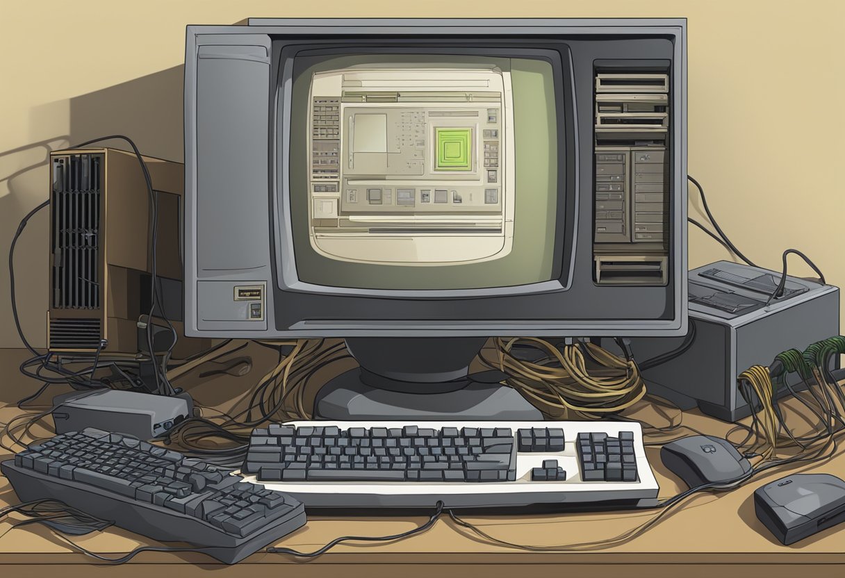An old computer with Counter Strike 2 loading screen displayed, surrounded by dusty peripherals and cables