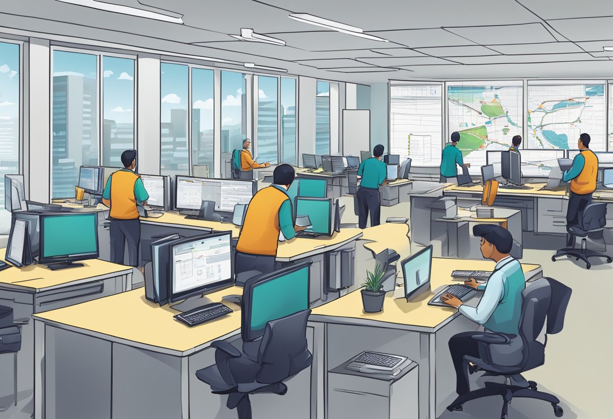 A bustling office environment with computers, servers, and networking equipment. A whiteboard or wall display with a detailed disaster recovery plan. Employees working diligently, with a sense of urgency and focus