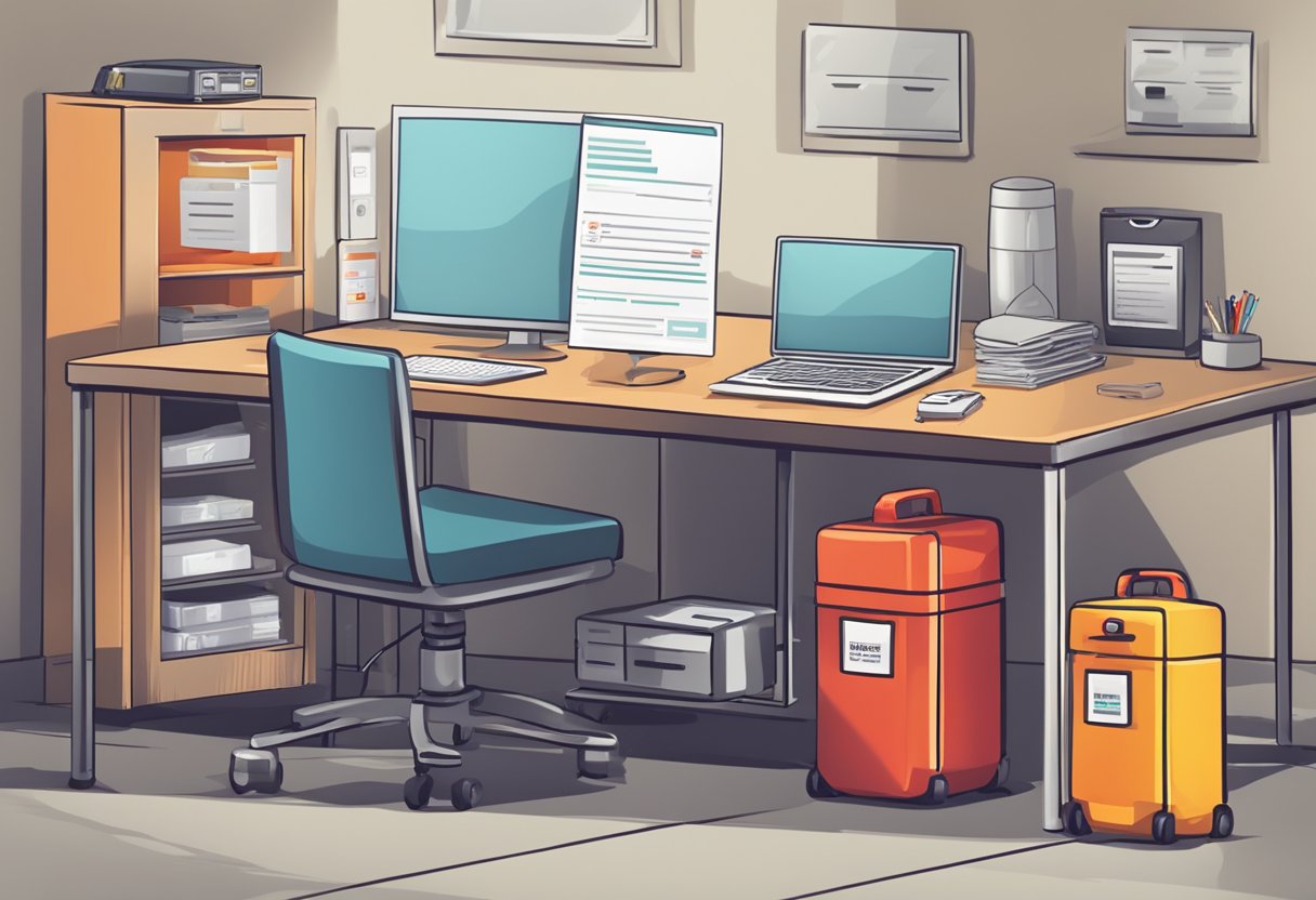 A table with a laptop, server, and backup drives. Emergency contact list and communication plan posted on the wall. Fire extinguisher and first aid kit nearby