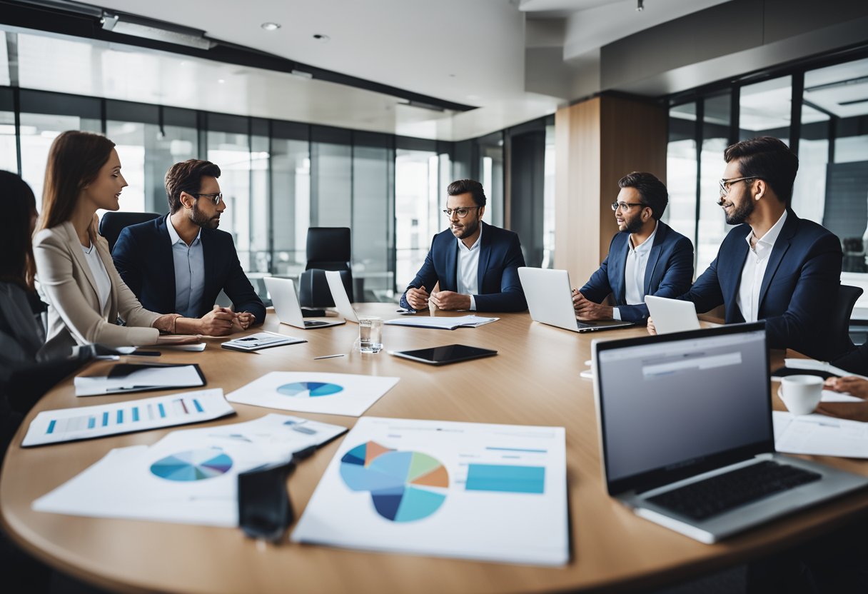 A boardroom table with executives discussing SEO agency options, surrounded by laptops, charts, and graphs