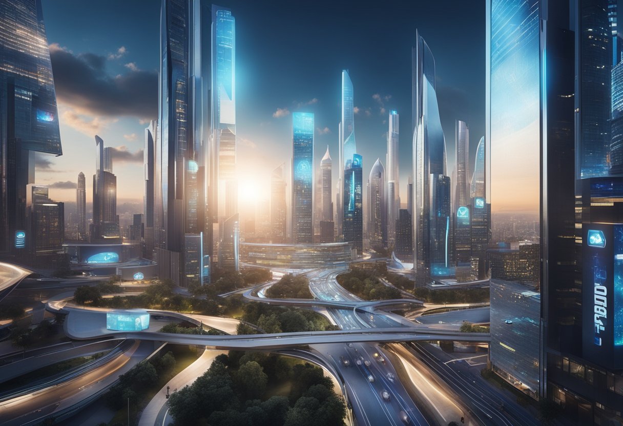 A futuristic cityscape with holographic billboards showcasing the top SaaS SEO agencies in 2024. Advanced technology and sleek architecture dominate the skyline