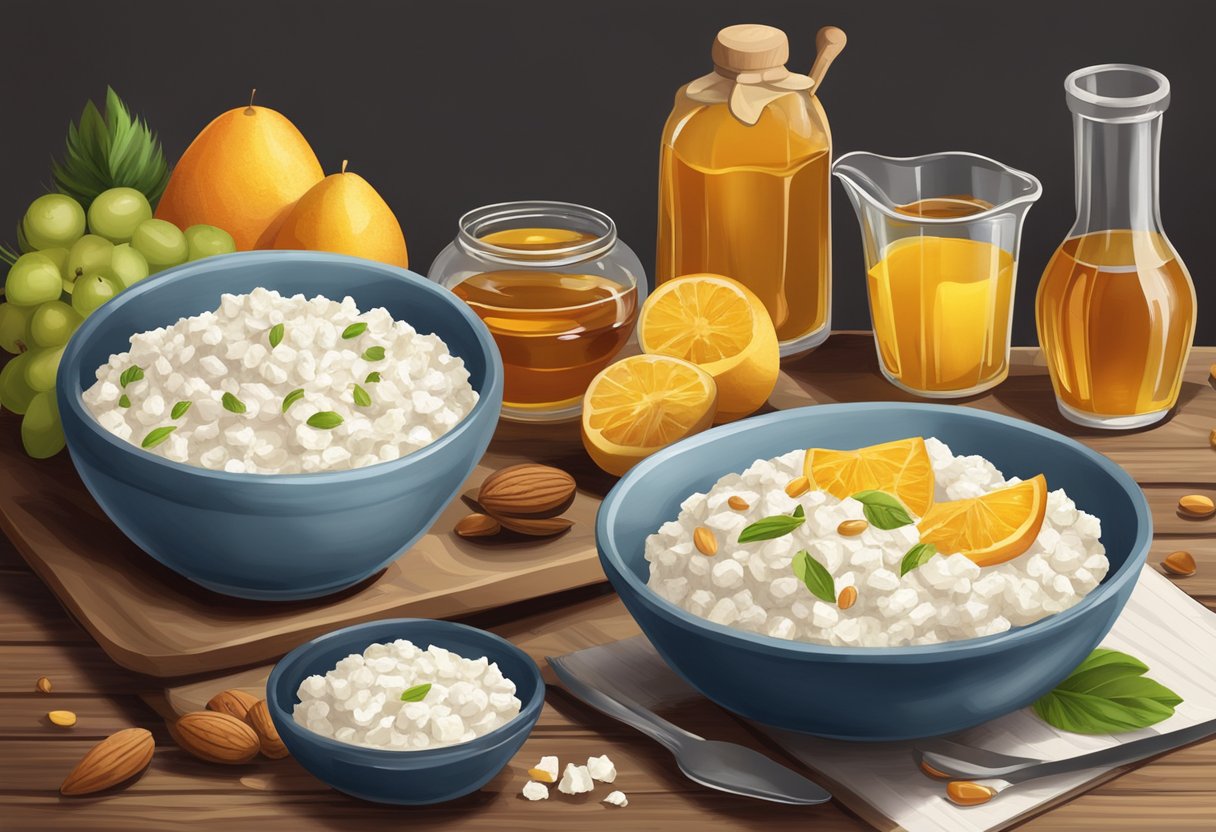 A bowl of cottage cheese sits on a rustic wooden table, surrounded by fresh fruits, nuts, and honey. A recipe book is open nearby, with ingredients and instructions scattered around