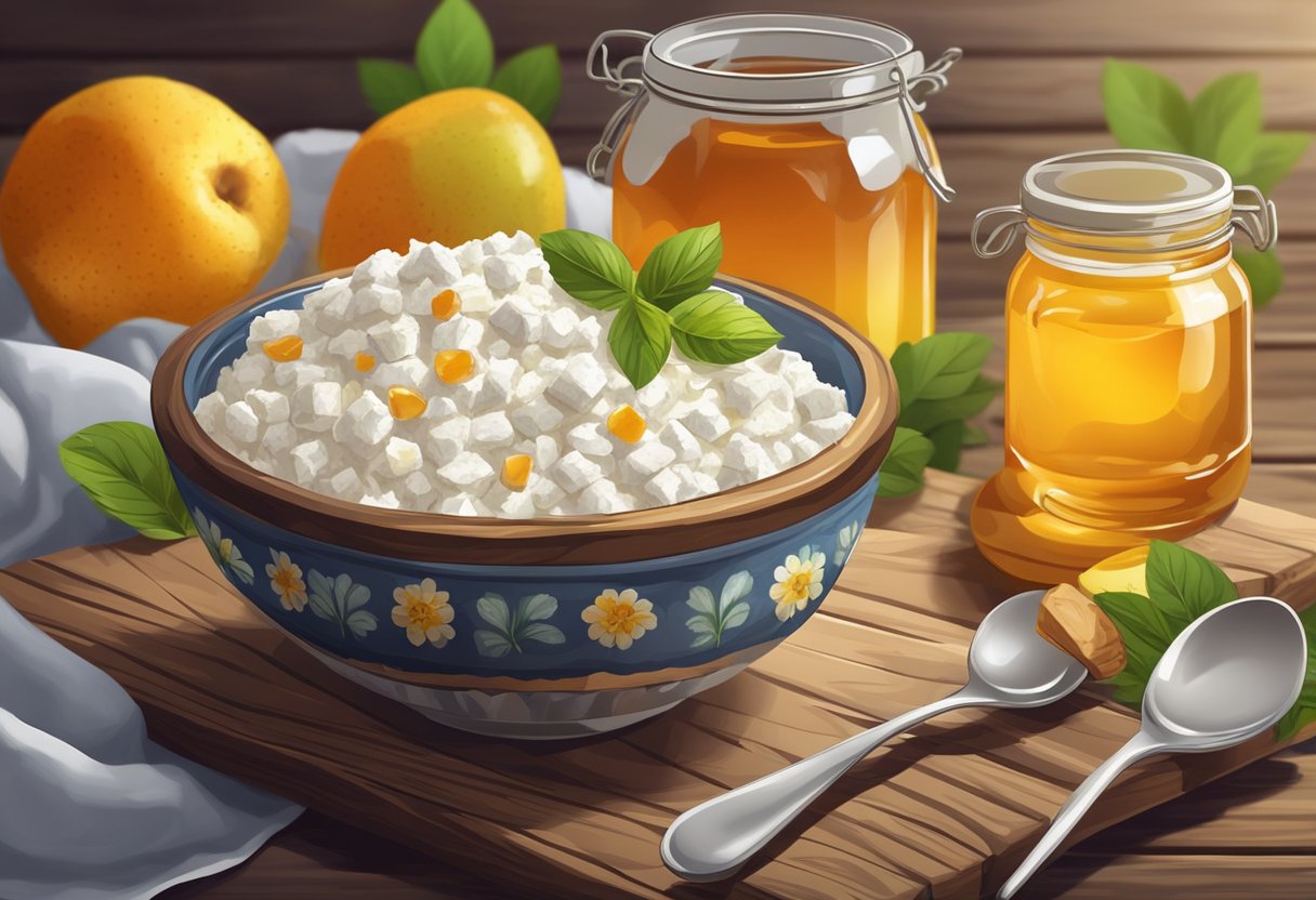 A bowl of cottage cheese sits on a rustic wooden table, surrounded by fresh fruits and a jar of honey. A spoon rests beside the bowl