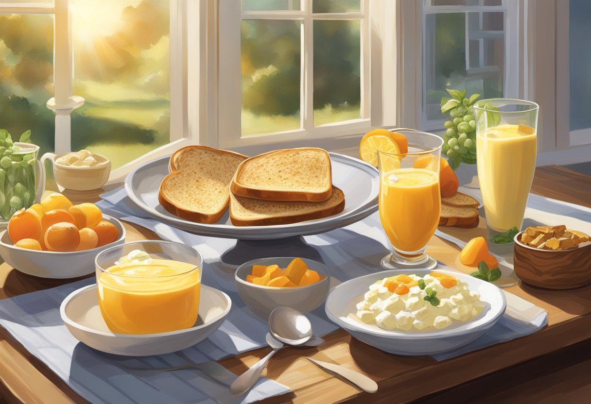 A rustic table displays a spread of cottage cheese delights: fruit parfaits, savory toast, and creamy smoothies. Sunlight streams through a window, casting a warm glow on the wholesome breakfast spread