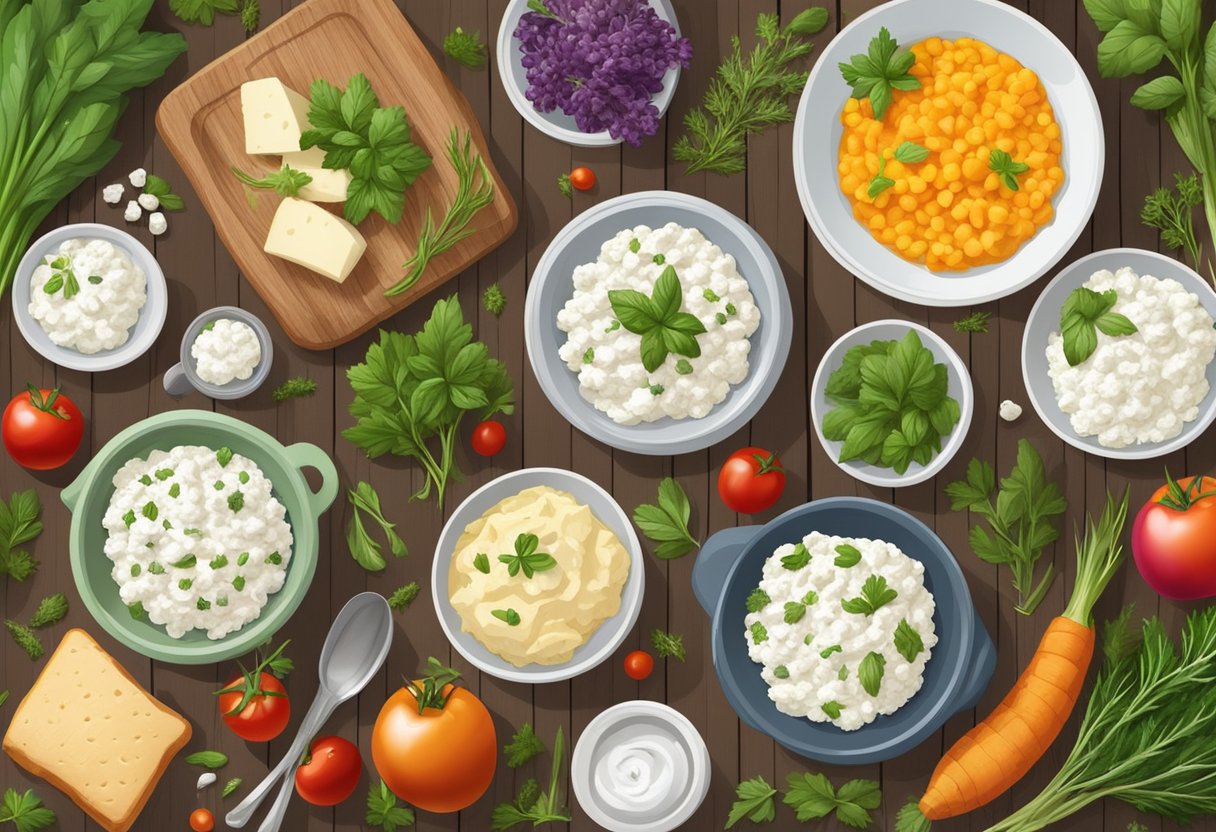 A rustic kitchen table displays a variety of cottage cheese dishes, surrounded by fresh herbs and colorful vegetables