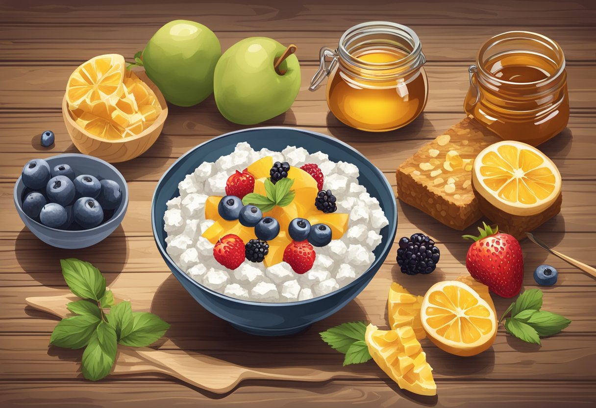 A bowl of cottage cheese with fresh fruit and honey drizzle on a rustic wooden table. A cookbook open to "Sweet Treats" with recipe ingredients scattered around