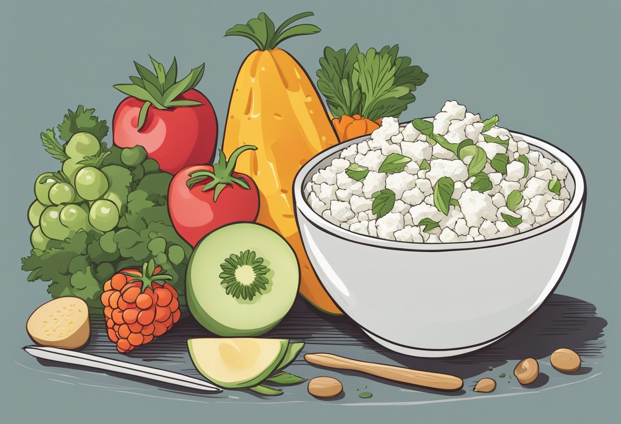 A bowl of cottage cheese sits next to a variety of fresh fruits and vegetables, with a cookbook open to a page of special diet cottage cheese recipes