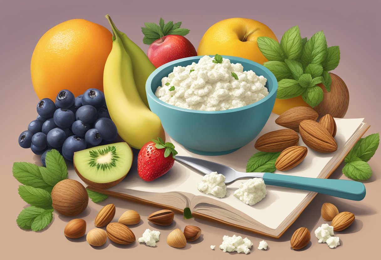 A bowl of cottage cheese surrounded by various ingredients like fruits, nuts, and herbs, with a cookbook open to a page titled "Innovative Twists Cottage Cheese Recipes."