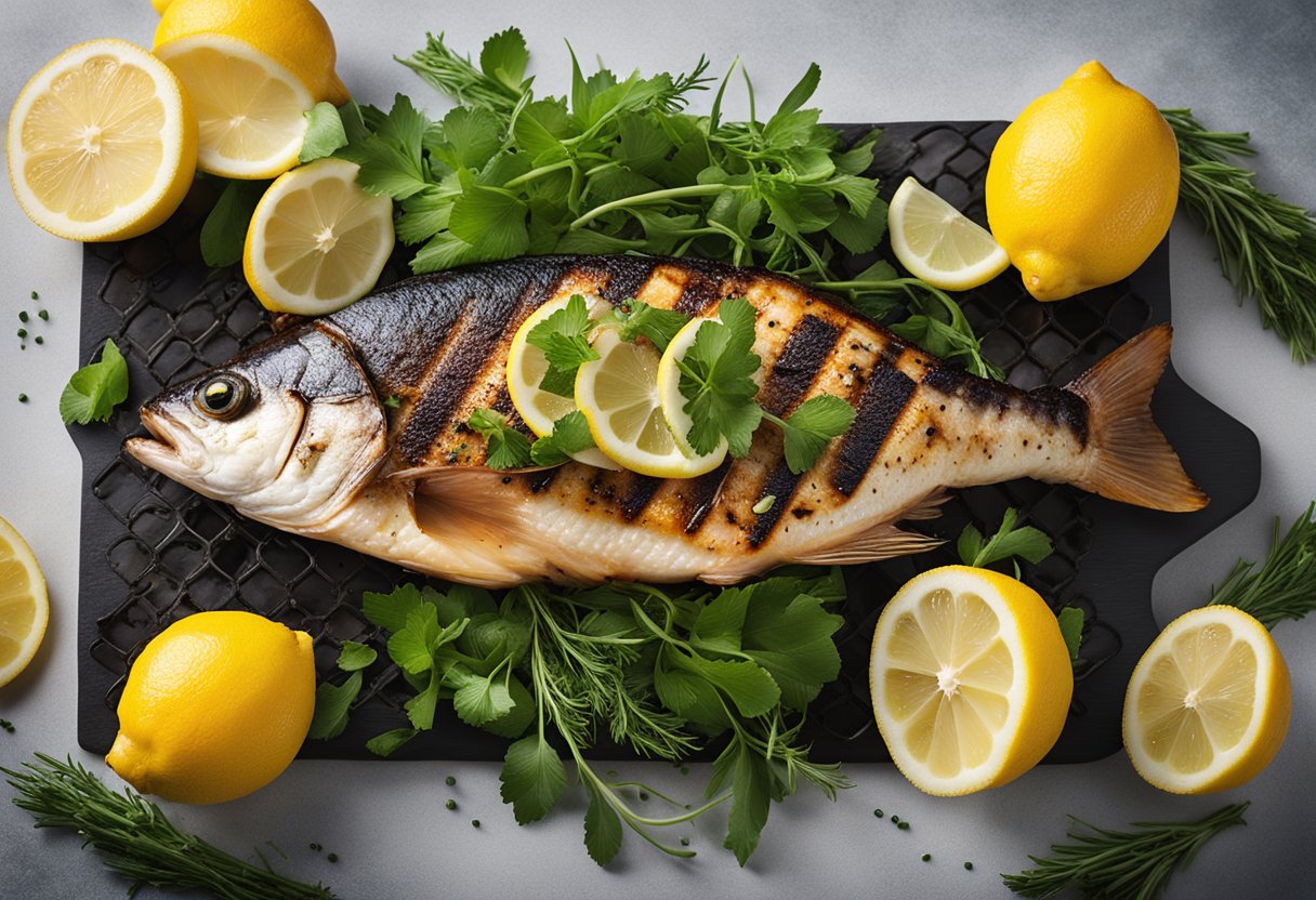A sizzling grilled fish collar, adorned with charred grill marks, resting on a bed of vibrant green herbs and surrounded by slices of fresh lemon
