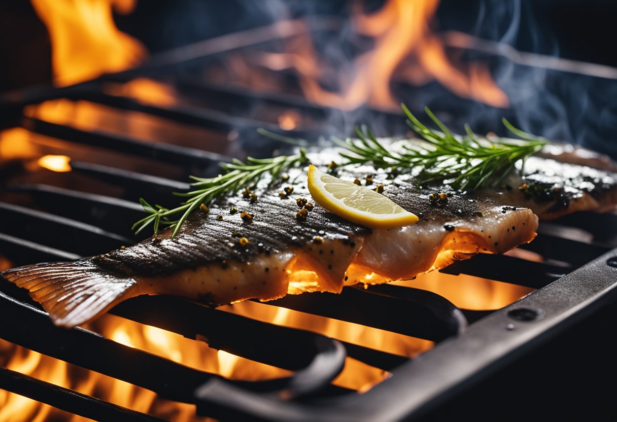 A fish collar sizzling on a hot grill, searing marks forming as it cooks. A sprinkle of herbs and a squeeze of lemon add flavor