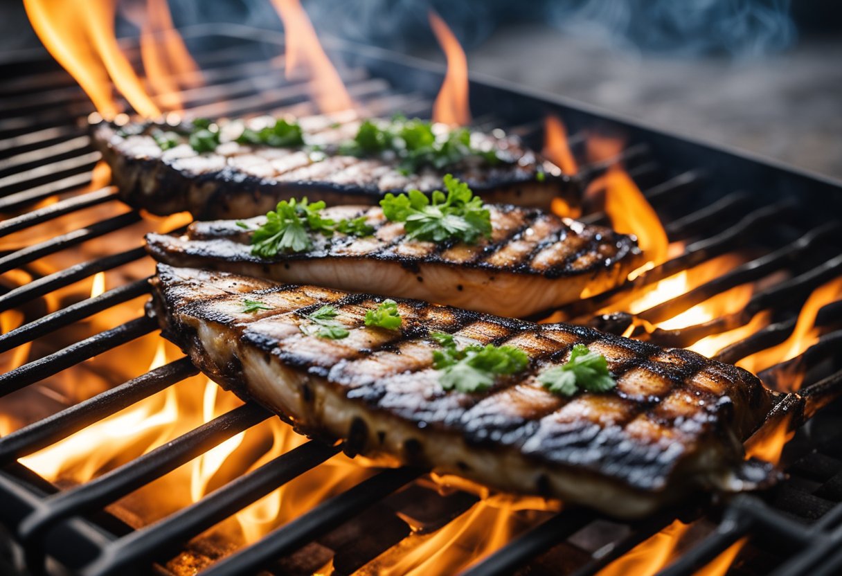 A grilled fish collar on a sizzling hot grill, with smoke rising and charred grill marks visible