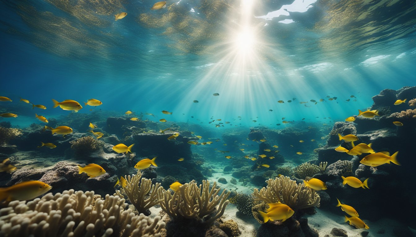 A school of fish swims through clear, blue water, surrounded by colorful coral and seaweed. Rays of sunlight filter down from the surface, creating a peaceful and vibrant underwater scene