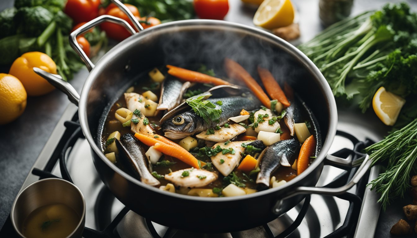 A pot simmering on a stove, filled with fish bones, vegetables, and water, creating a rich and flavorful fish stock